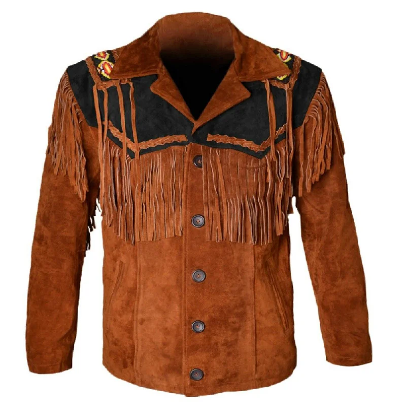 Dark Brown Cowboy Fringe Suede Leather Western Jacket