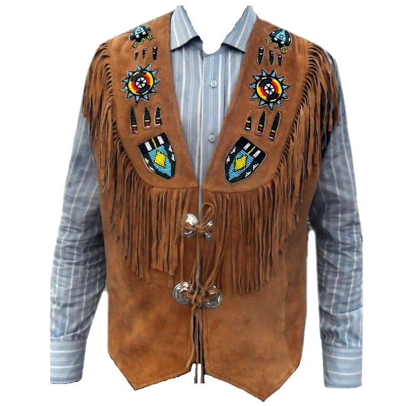 Men Western Brown Suede Leather Vest Fringes Beads Bones