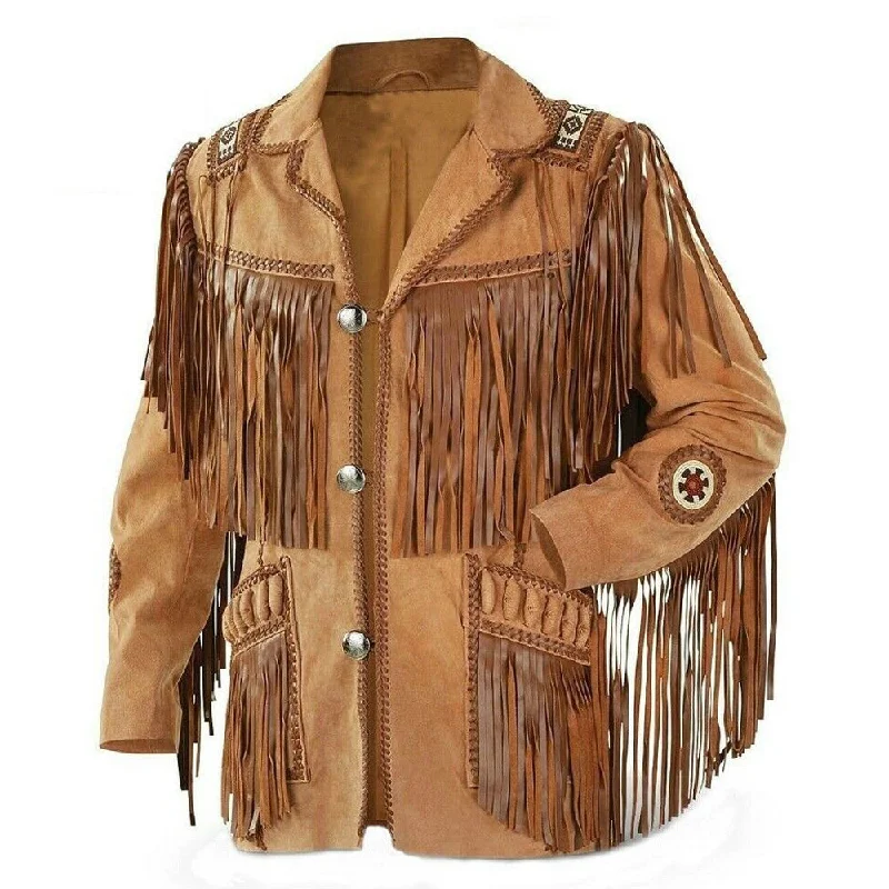 Tan Brown Cowboy Western Leather Fringes Jacket Mens