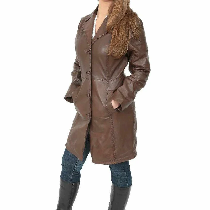 Mid Length Brown Leather Trench Coat Women