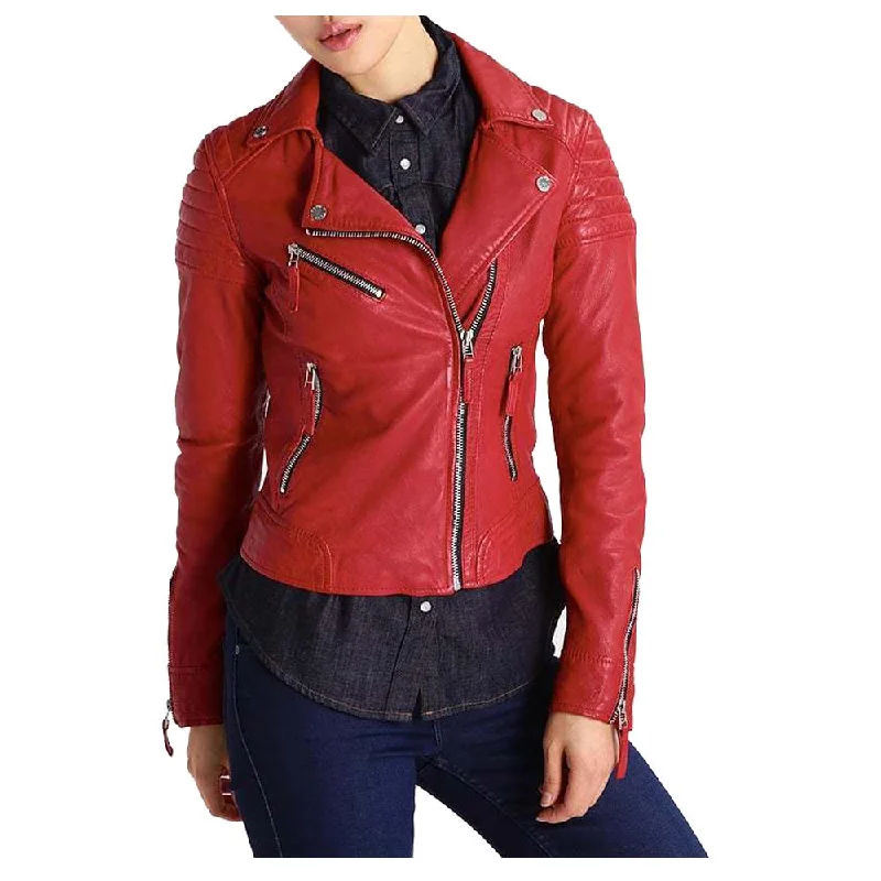 Women Slim Fit Motorcycle Genuine Red Leather Jacket