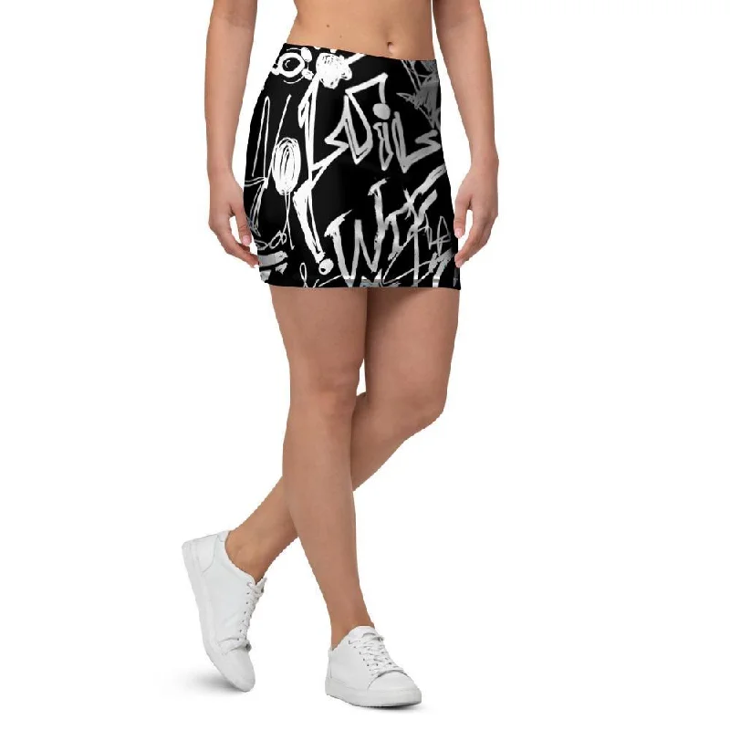 Black And White Graffiti Doodle Text Print Mini Skirt