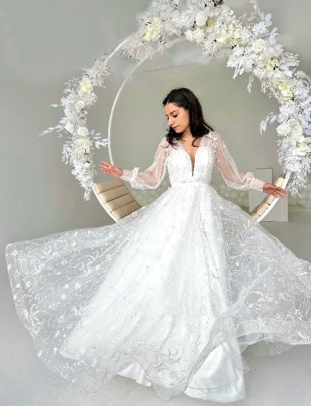 CLEARANCE | Celestial Stars Moon wedding dress with long sleeves