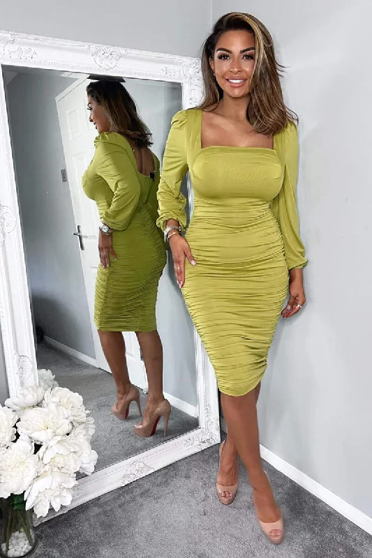 Lime Square Neck Ruched Long Sleeve Midi Dress