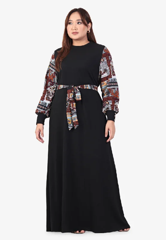 Rania Raya Printed Sleeves Ribbed Long Dress - Abstract