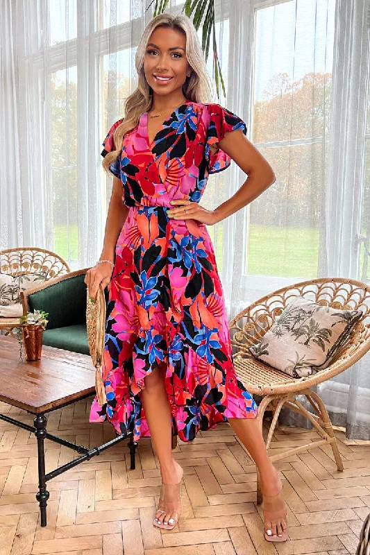 Multi Floral Printed Wrap Over Top Frill Hem Midi Dress