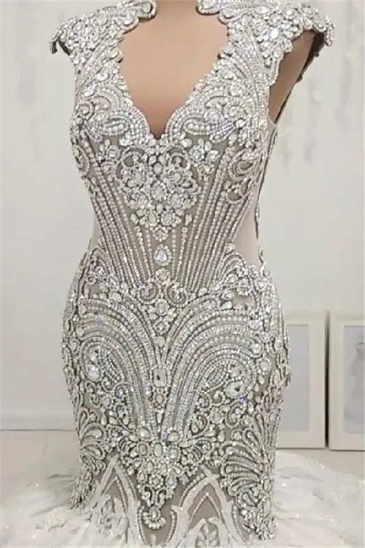 New Arrival V Neck Cap Sleeve Beads Crystals Mermaid Wedding Dress Lace Applique