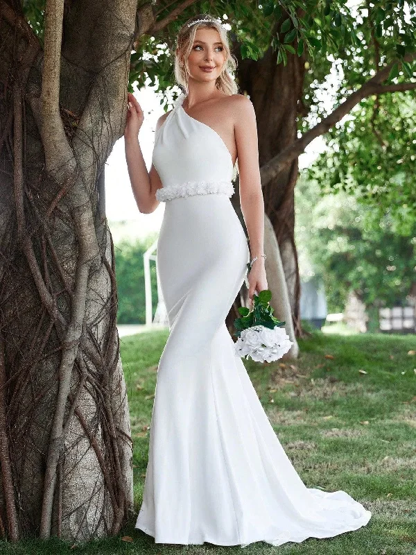 One Shoulder Backless Mermaid Hem Wedding Dress