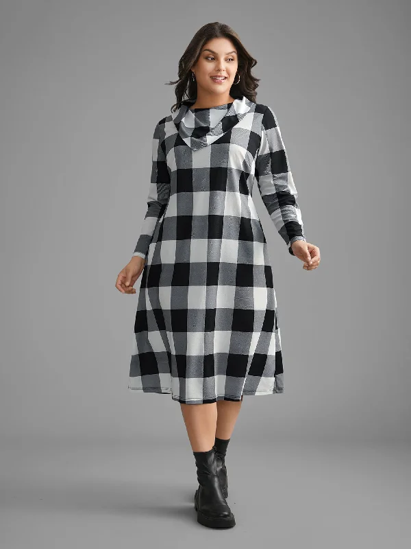 Plaid Ruffled Collar Pocket Midi Dress