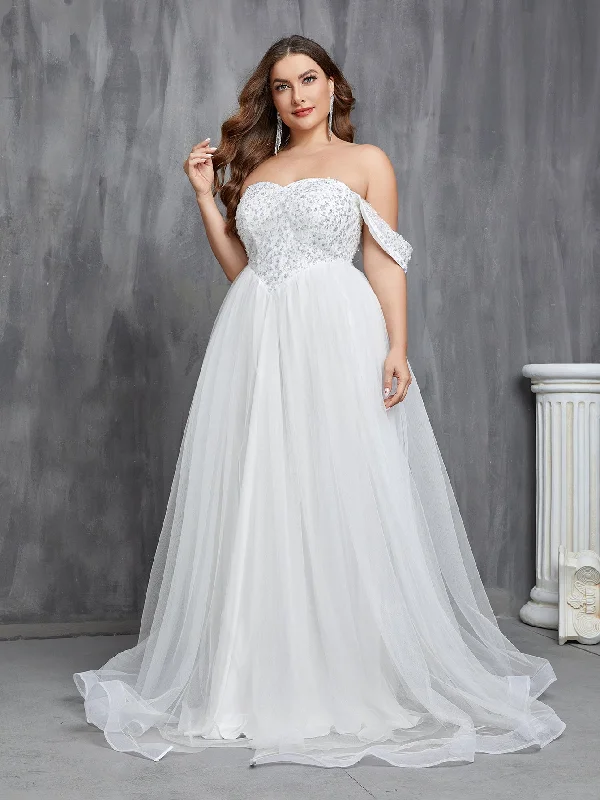 Plus Off Shoulder Sequin Bodice Contrast Tulle Hem Wedding Dress