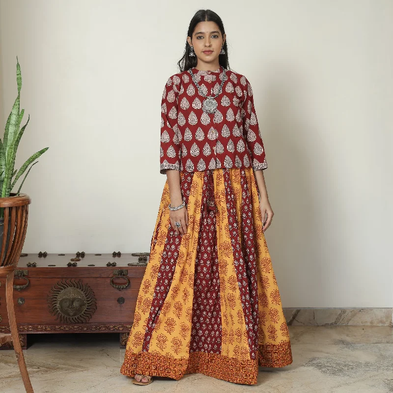 Yellow - Bagh Block Printed Patchwork Cotton Long Skirt