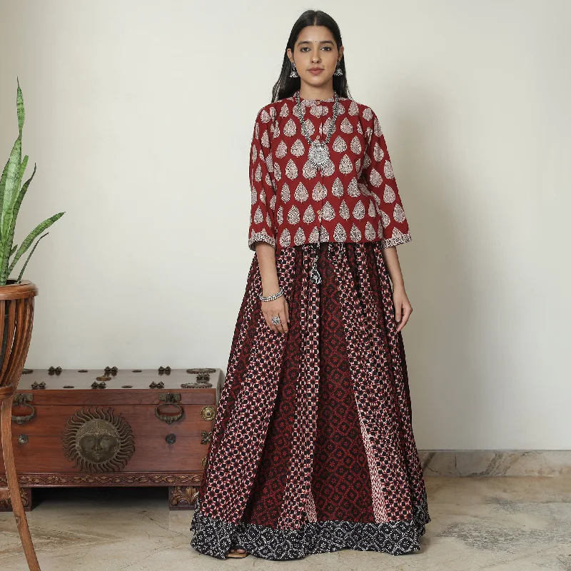 Brown - Bagh Block Printed Patchwork Cotton Long Skirt