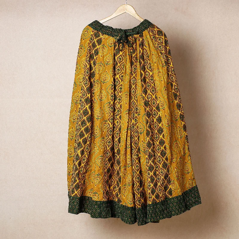 Yellow - 24 Kali Ajrakh Block Printed Patchwork Cotton Long Skirt