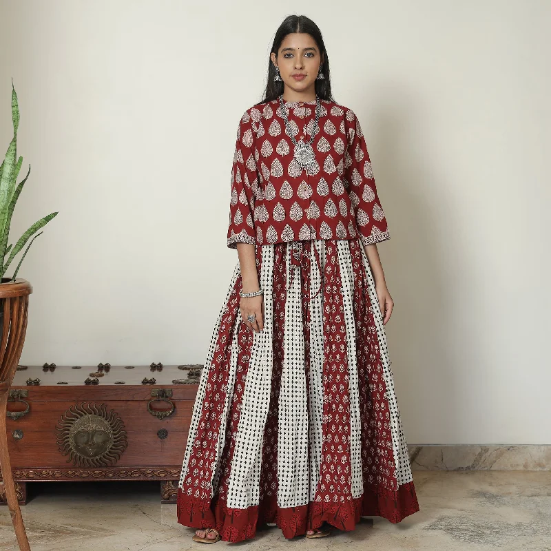 Maroon - Bagh Block Printed Patchwork Cotton Long Skirt