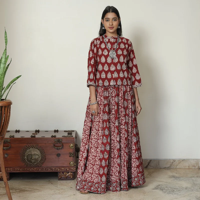 Red - Bagh Block Printed Patchwork Cotton Long Skirt