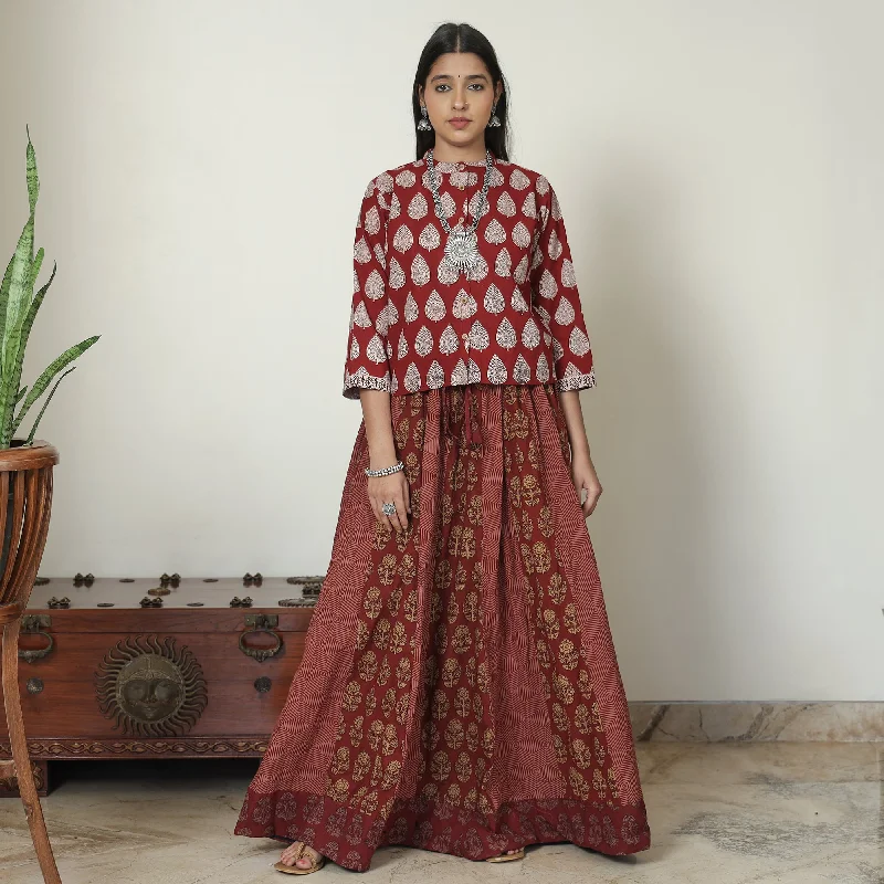 Maroon - Bagh Block Printed Patchwork Cotton Long Skirt