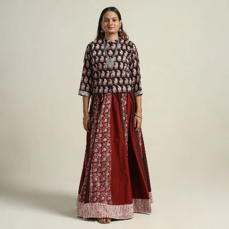 Maroon - Bagh Block Printed Patchwork Cotton Long Skirt