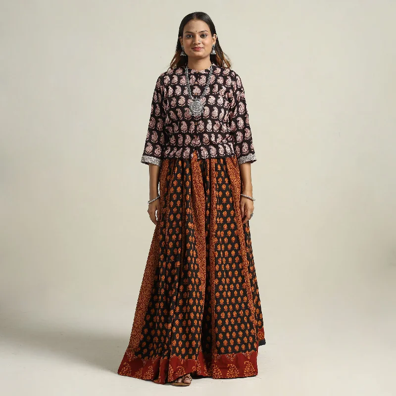 Brown - Bagh Block Printed Patchwork Cotton Long Skirt