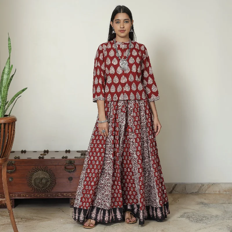 Red - Bagh Block Printed Patchwork Cotton Long Skirt