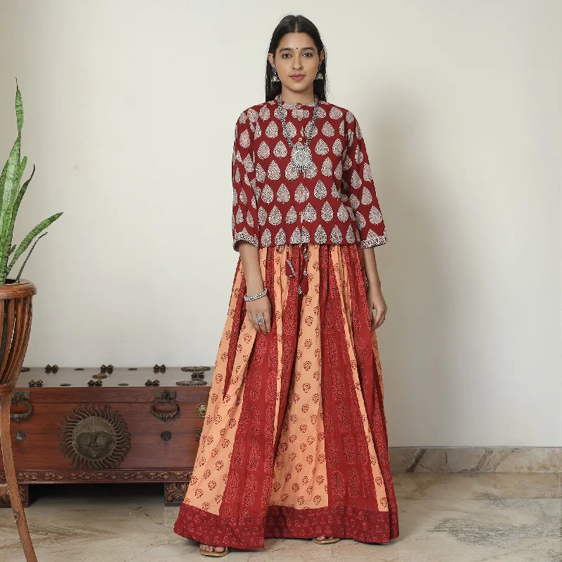 Red - Bagh Block Printed Patchwork Cotton Long Skirt