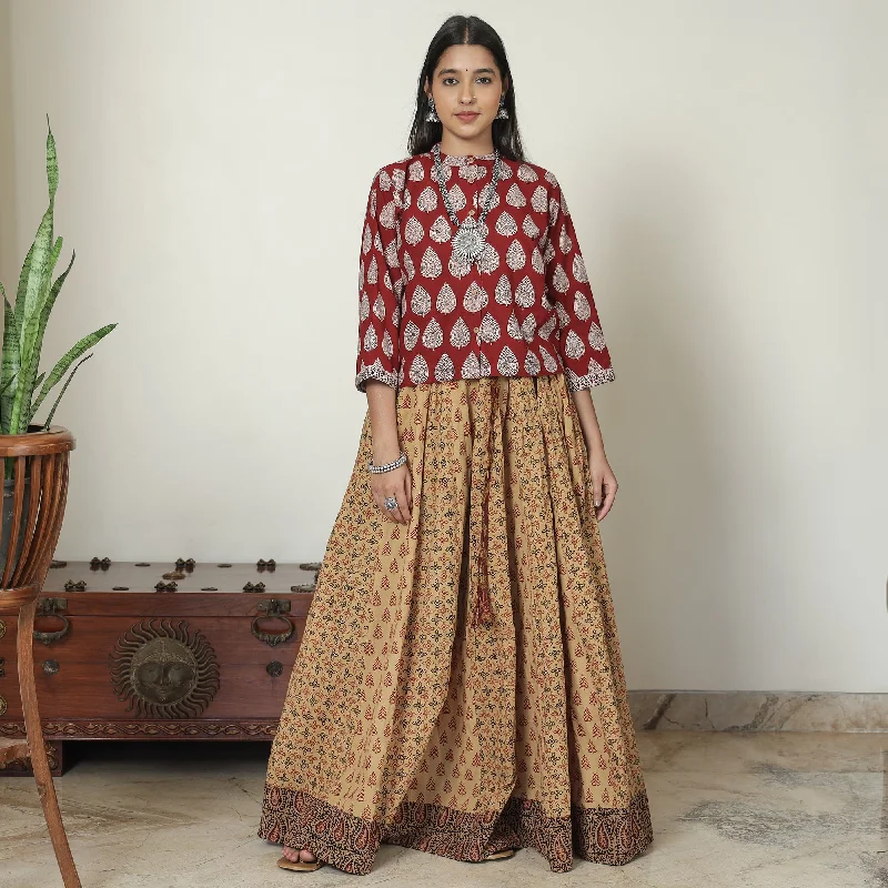 Brown - Bagh Block Printed Patchwork Cotton Long Skirt