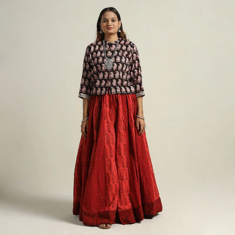 Red - Bagh Block Printed Patchwork Cotton Long Skirt