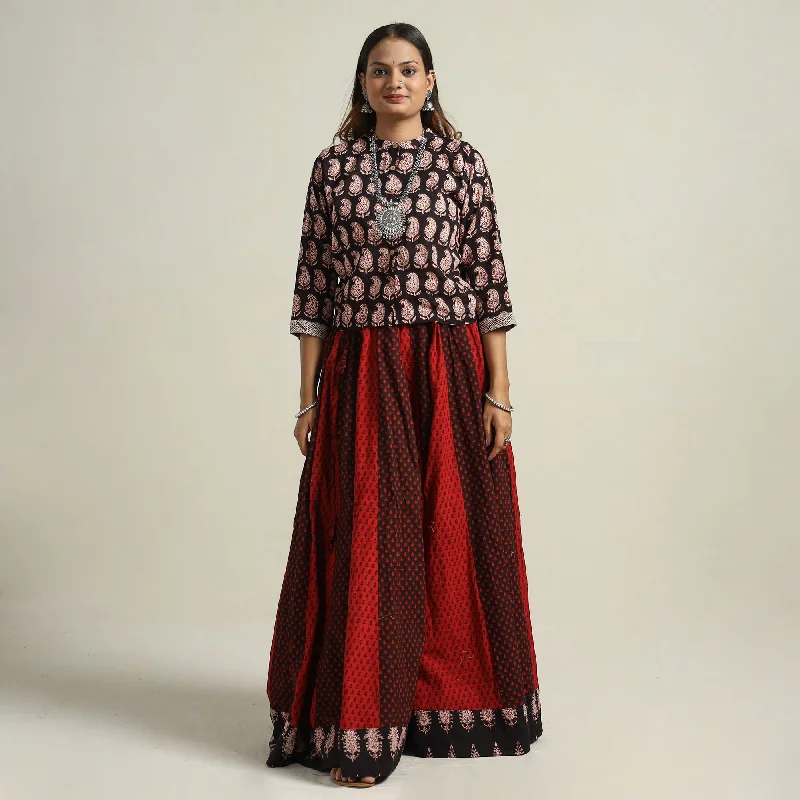 Red - Bagh Block Printed Patchwork Cotton Long Skirt