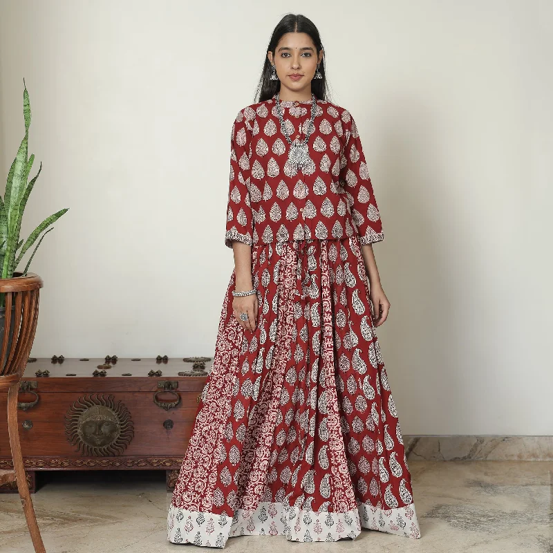 Red - Bagh Block Printed Patchwork Cotton Long Skirt