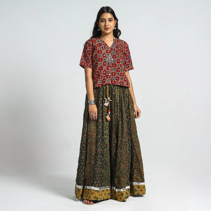 Green - Ajrakh Block Printed 24 Kali Patchwork Cotton Long Skirt