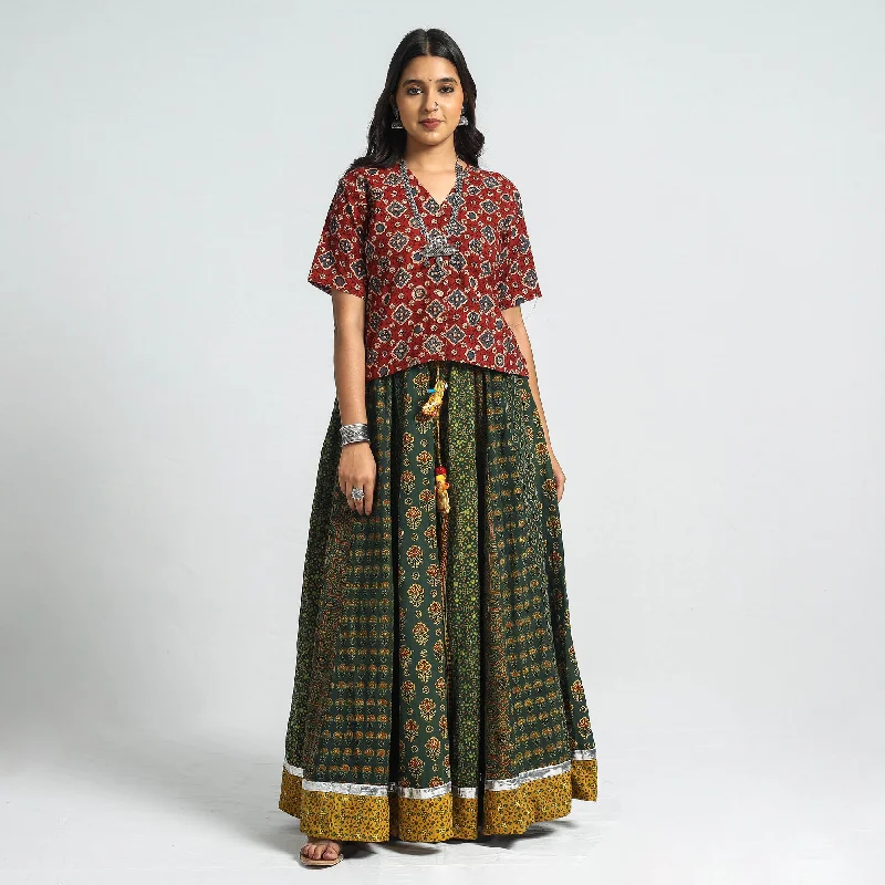 Green - Ajrakh Block Printed 24 Kali Patchwork Cotton Long Skirt