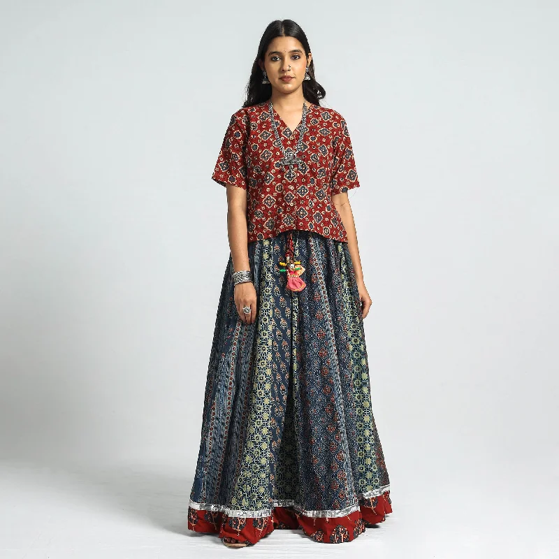 Blue - Ajrakh Block Printed 24 Kali Patchwork Cotton Long Skirt