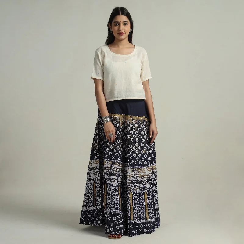 Blue - Hand Batik Printed Running Stitch Cotton Long Skirt 107