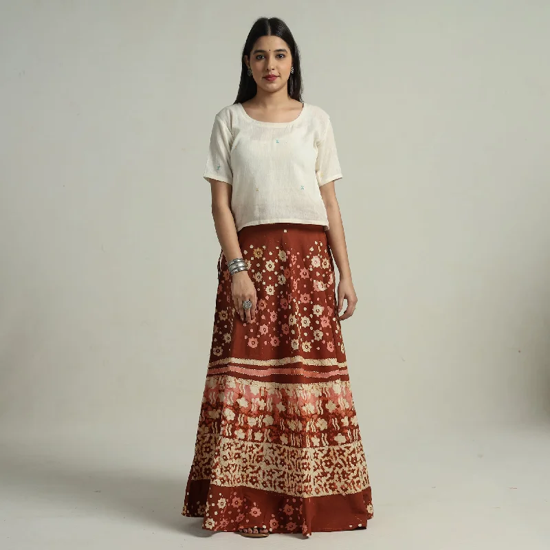 Brown - Hand Batik Printed Running Stitch Cotton Long Skirt 114