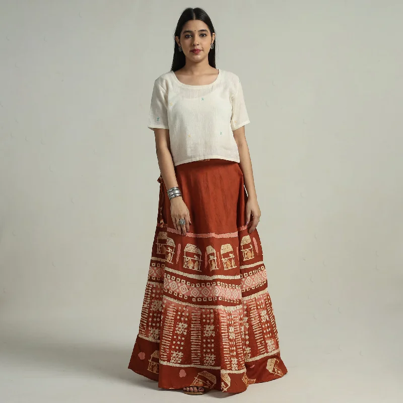 Brown - Hand Batik Printed Running Stitch Cotton Long Skirt 111