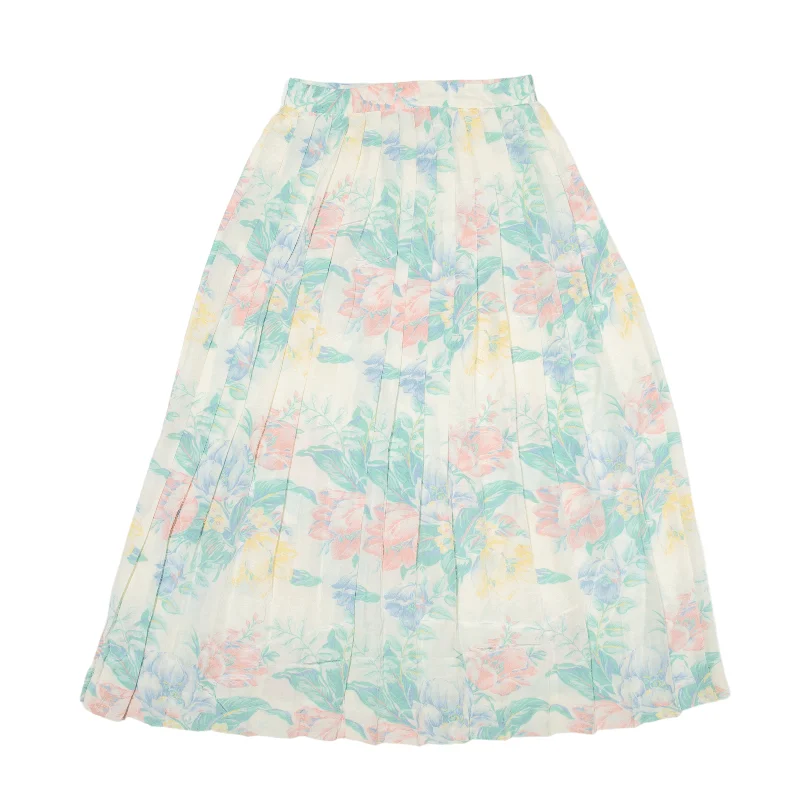 JH COLLECTIONS Long Pleated Skirt White 90s Satin Floral Womens S