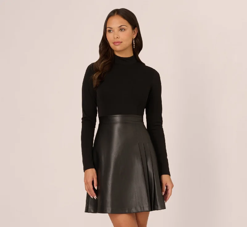 Long Sleeve Ponte Knit Dress With Faux Leather Skirt In Black