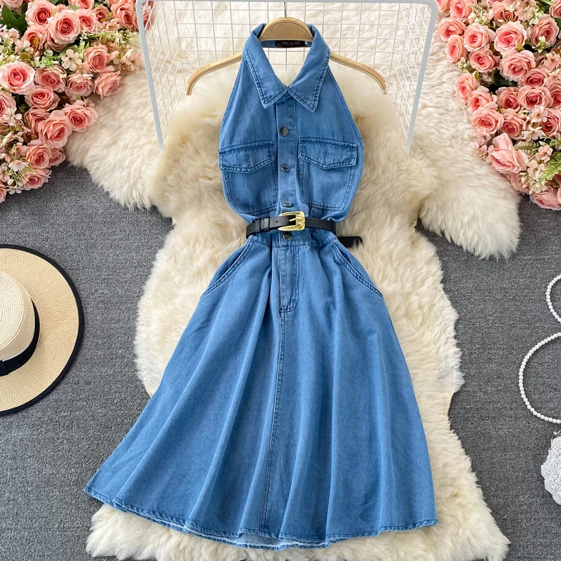 Sleeveless denim medium length open back Lapel dress  3213