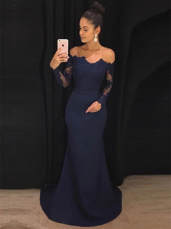 Navy Blue Off Shoulder Mermaid Long Sleeves Lace Prom Dresses, Navy Blue Formal Dresses, Evening Dresses