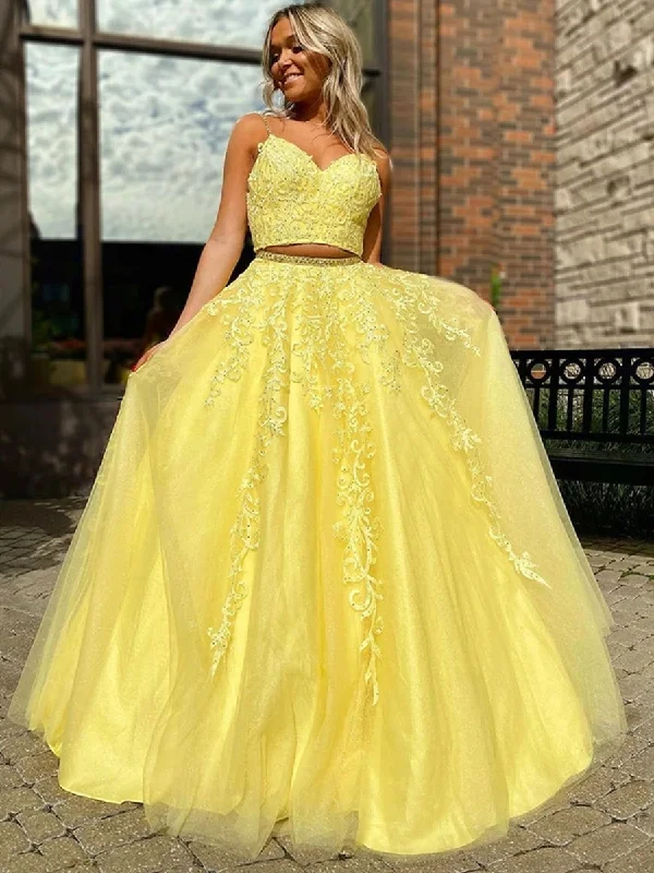 V Neck Two Pieces Backless Beaded Yellow Lace Long Prom Dresses, 2 Pieces Lace Yellow Formal Dresses, 2 Pieces Backless Yellow Evening Dresses